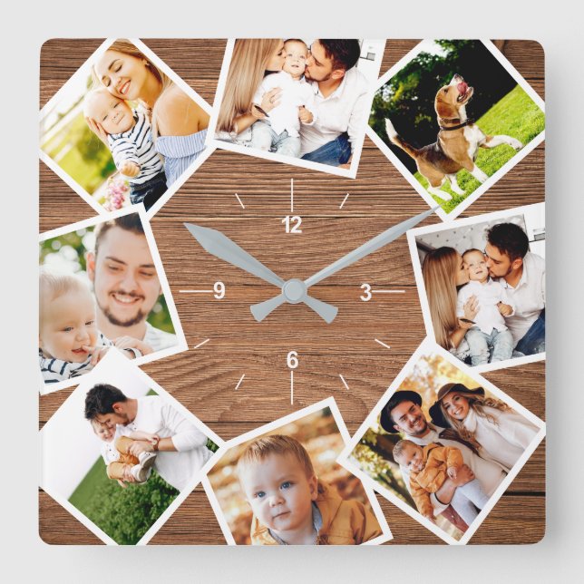 Family Photo Collage Rustic Chic Farmhouse Square Wall Clock (Front)