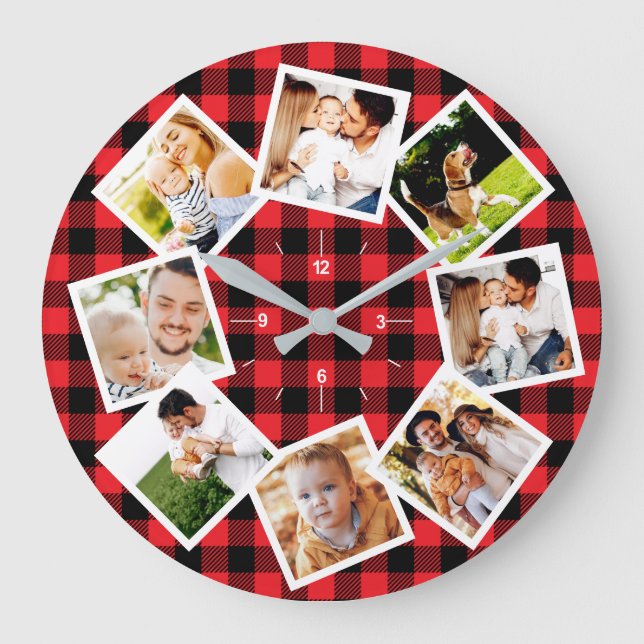Family Photo Collage Rustic Farmhouse Buffalo Large Clock (Front)