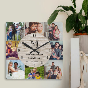 Family Photo Collage Rustic Farmhouse Monogram Square Wall Clock