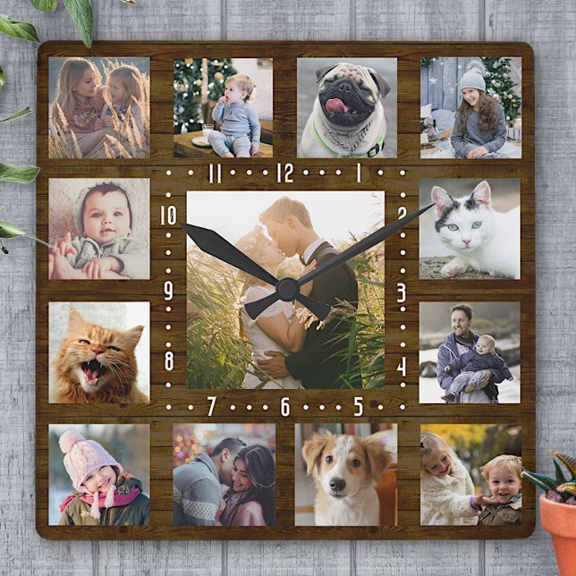 Family Photo Collage Rustic Farmhouse Wood 13 Pics Square Wall Clock (Creator Uploaded)