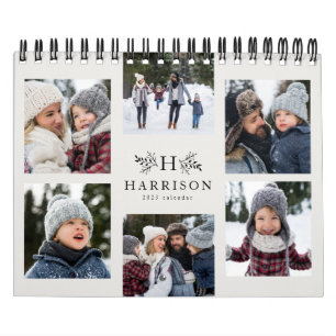 Family photo collage rustic monogram black & cream calendar