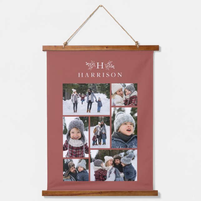 Family photo collage rustic monogram dusty rose hanging tapestry (Front)