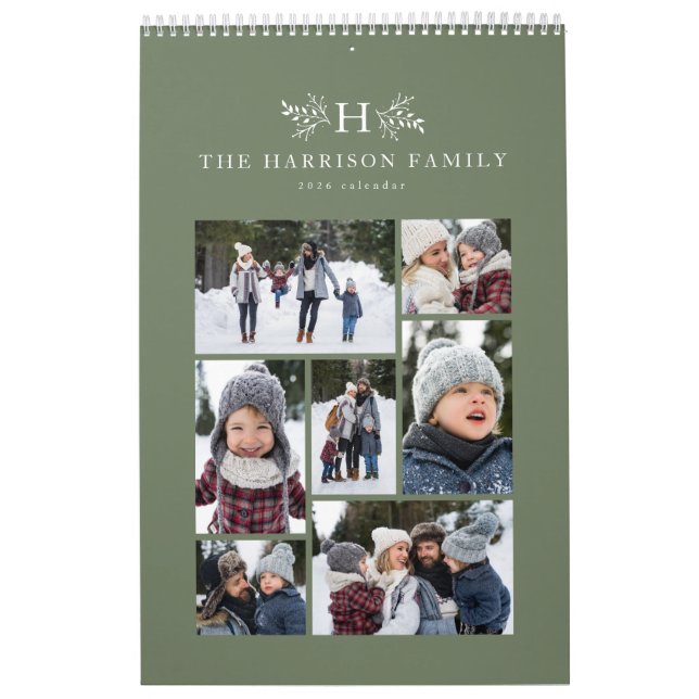 Family photo collage rustic monogram sage green calendar (Cover)