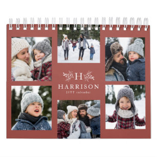 Family photo collage rustic terracotta monogram calendar