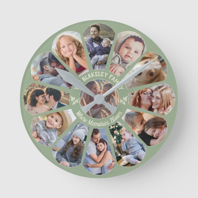 Family Photo Collage Sage 13 Custom Flower Shape Round Clock (Front)