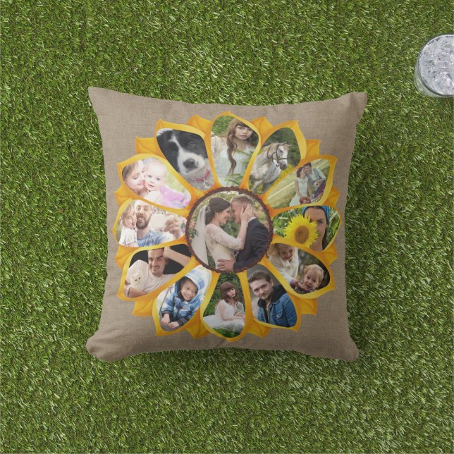 Family Photo Collage Sunflower Burlap 13 Pics Easy Cushion (Grass)