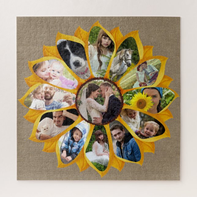 Family Photo Collage Sunflower Burlap 13 Pics Easy Jigsaw Puzzle (Vertical)