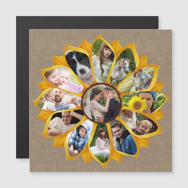 Family Photo Collage Sunflower Burlap 13 Pics Easy Magnetic Invitation (Front/Back)