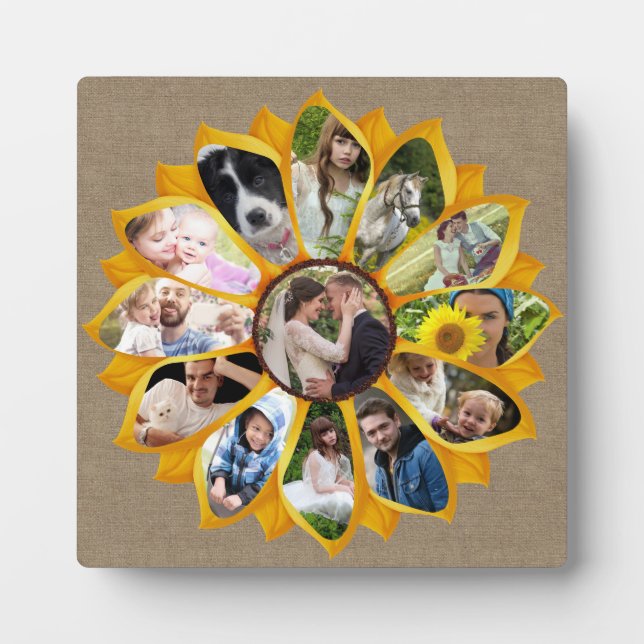 Family Photo Collage Sunflower Burlap 13 Pics Easy Plaque (Front)