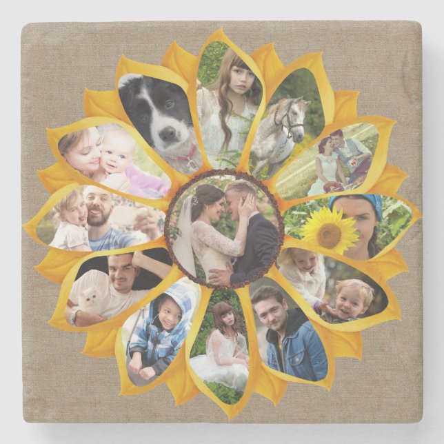 Family Photo Collage Sunflower Burlap 13 Pics Easy Stone Coaster (Front)