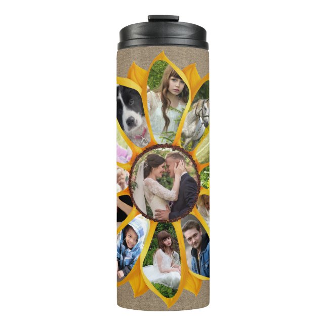 Family Photo Collage Sunflower Burlap 13 Pics Easy Thermal Tumbler (Front)