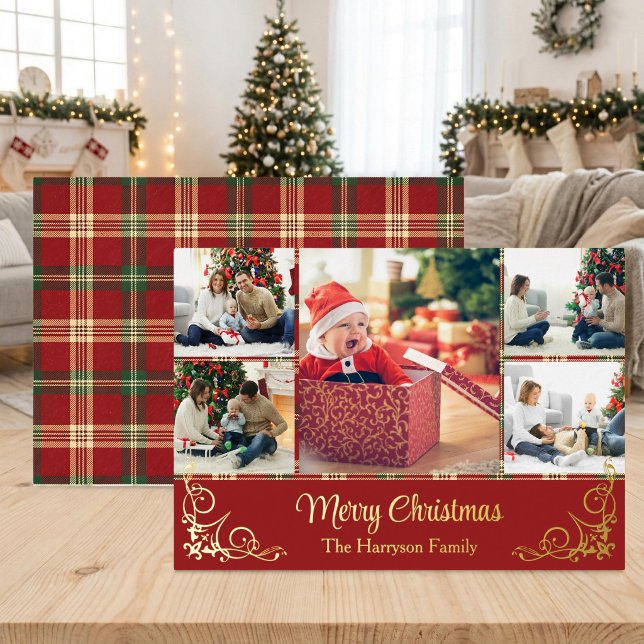 Family Photo Collage Tartan Gold Foil Christmas (Multi-Photo Gold Foil Collage Flat Card Merry Christmas | Front and Back)