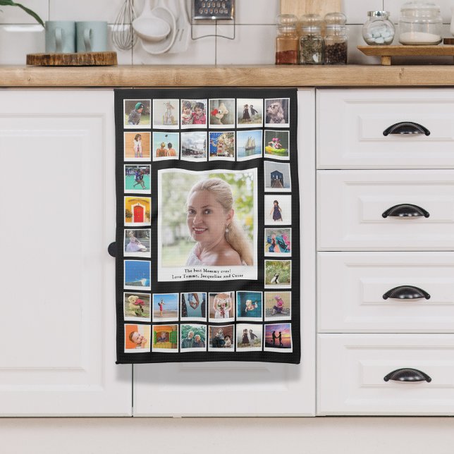 Family Photo Collage Tea Towel (Mom photo collage kitchen towel hanging on kitchen cabinet door.)