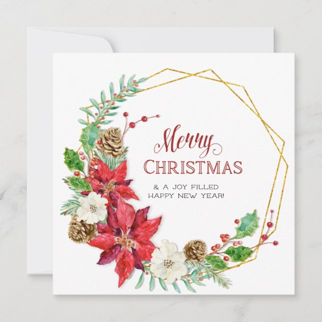 Family Photo Collage Watercolor Geometric Floral Holiday Card (Front)