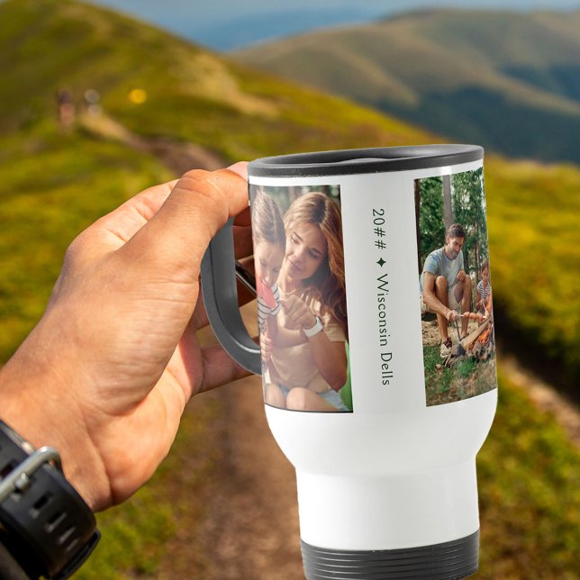 Family Photo Collage with 3 Photos and Custom Text Travel Mug (Creator Uploaded)