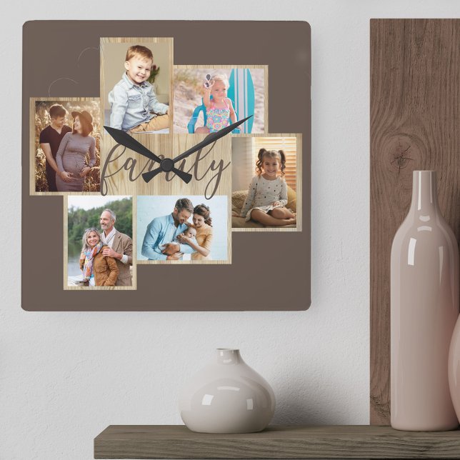 Family Photo Collage Wood Grain Border Brown Square Wall Clock (Family photo collage holding 6 of your family pictures)