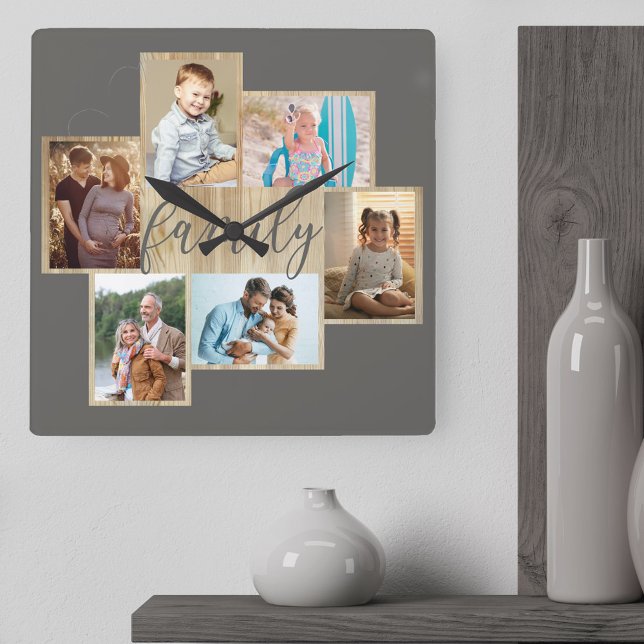 Family Photo Collage Wood Grain Border Warm Grey Square Wall Clock (Family photo collage holding 6 of your family pictures)