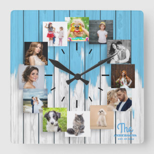 Family photo collage wood square wall clock