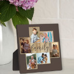 Family Photo Collage Woodgrain Border Brown Plaque<br><div class="desc">Family photo collage with 6 of your favourite photos, calligraphy and light woodgrain look frame. The photo template is ready for you to add your photos, which are displayed in landscape and portrait formats. The background colour and the word "family" are coloured brown and you are welcome to edit this...</div>