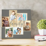 Family Photo Collage Woodgrain Frame Warm Grey Canvas Print<br><div class="desc">Family photo collage with 6 of your favourite photos, calligraphy and light woodgrain look frame. The photo template is ready for you to add your photos, which are displayed in landscape and portrait formats. The background colour and the word "family" are coloured warm grey and you are welcome to edit...</div>