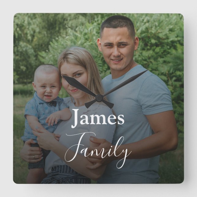 Family photo custom large script square Clock (Front)