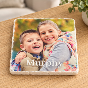 Family Photo Custom Last Name Monogram Stone Coaster