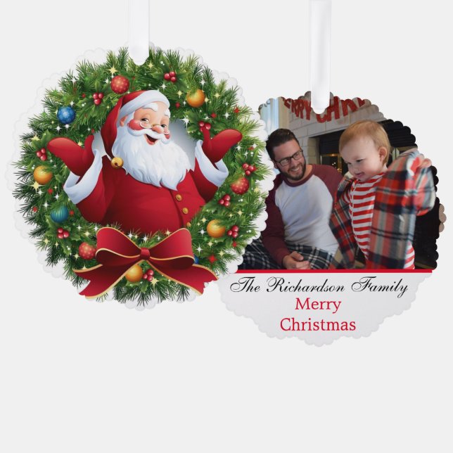 Family Photo Custom Name Santa Claus Christmas Tree Decoration Card (Front/Back)