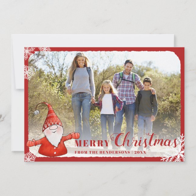 Family Photo Cute Gnome Red Merry Christmas Holiday Card (Front)