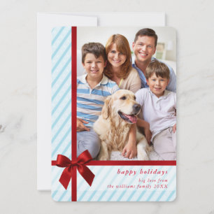FAMILY PHOTO cute wrapped up red ribbon bow blue Holiday Card