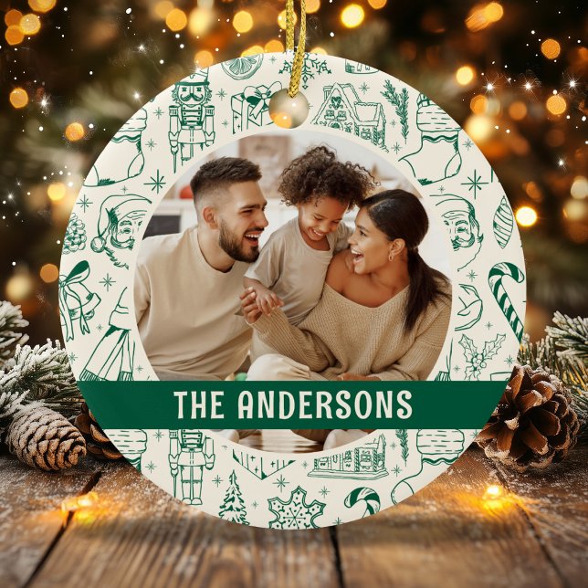Family Photo Doodle Green Christmas Ceramic Tree Decoration (Creator Uploaded)