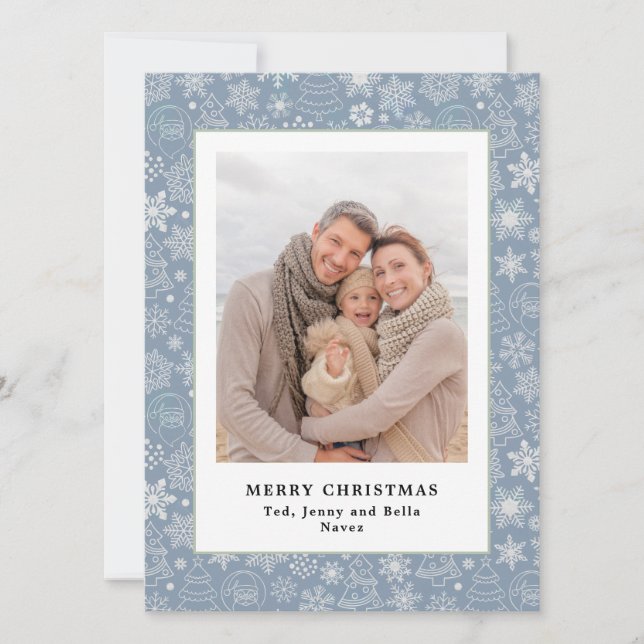 Family Photo Dusty Blue Pattern Christmas Card (Front)