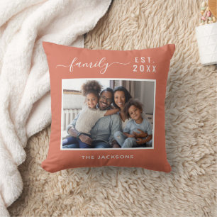 Family photo dusty earth name script cushion