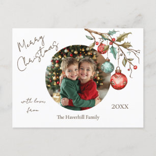 Family Photo Elegant Script Watercolor Christmas  Holiday Postcard