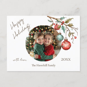 Family Photo Elegant Script Watercolor Happy Holiday Postcard