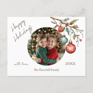 Family Photo Elegant Script Watercolor Happy Holiday Postcard