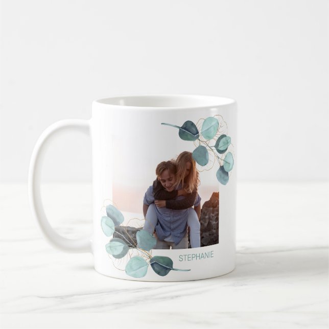 Family Photo Eucalyptus Botanical Personalised Coffee Mug (Left)
