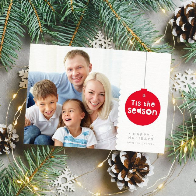 FAMILY PHOTO festive christmas greeting bauble red Holiday Card (Creator Uploaded)