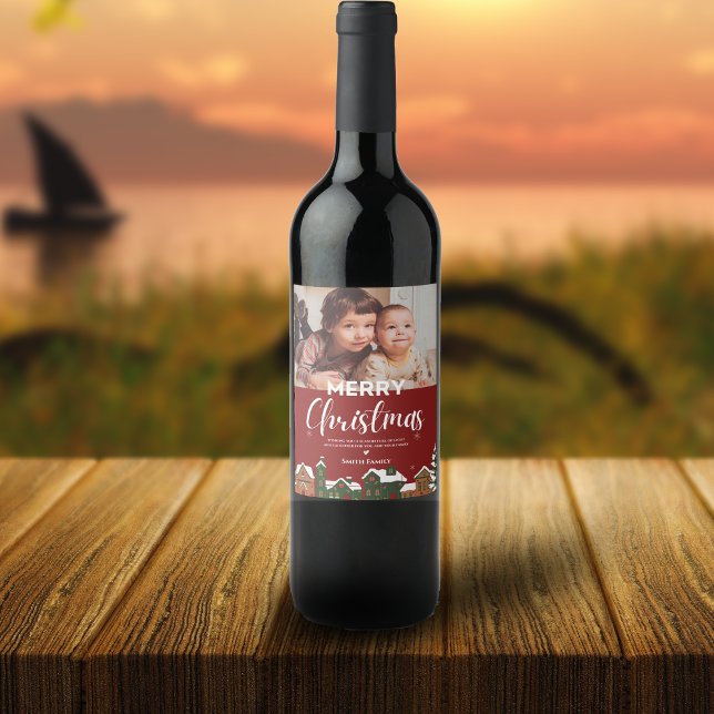 Family Photo Festive Red Holiday Merry Christmas Wine Label (Family Photo Festive Red Holiday Merry Christmas Wine Bottle Label
)