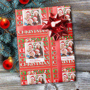 Family Photo Festive Retro Red Green Christmas Wrapping Paper