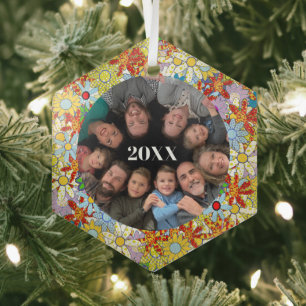Family Photo Floral Pattern Bright Colours Glass Tree Decoration