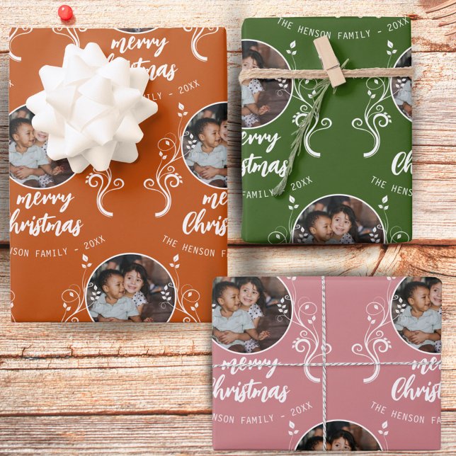 Family Photo Foliage Merry Christmas Wrapping Paper Sheet (Creator Uploaded)