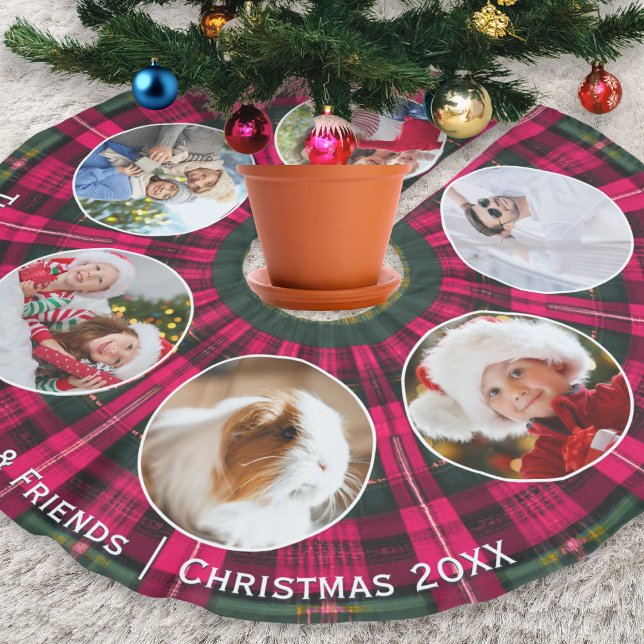 Family Photo Gallery Pink Tartan Brushed Polyester Tree Skirt (A festive Christmas tree skirt with 6 custom photos and a pink and green plaid background)
