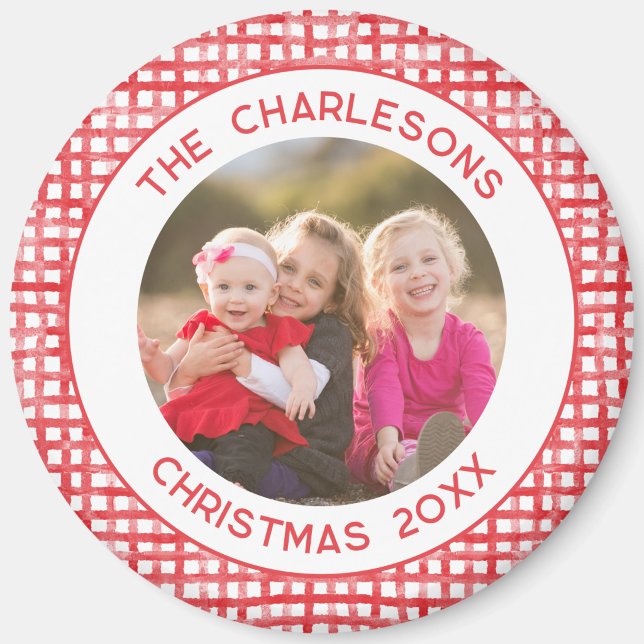 Family Photo Gingham Pattern Frame Christmas Magnet (Modern fun family photo magnet with custom name, text and date for holiday and Christmas keepsake)