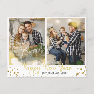 Family Photo Gold Confetti Happy New Year Holiday Postcard