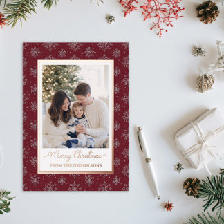 Family Photo Gold Foil Dark Red Christmas