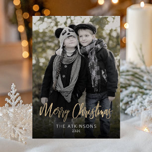 Family Photo Gold Script Merry Christmas Card