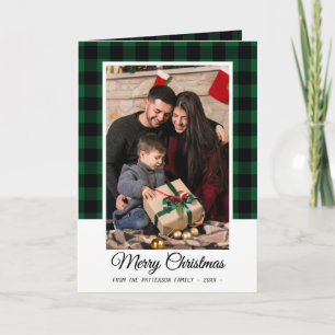 Family Photo Green Buffalo Plaid Merry Christmas Card