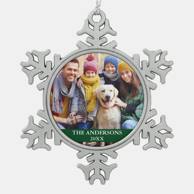 Family Photo Green Snowflake Pewter Christmas Ornament (Front)