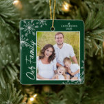 Family Photo Handwriting Script Green Christmas Ceramic Ornament<br><div class="desc">This square Christmas ornament is a perfect gift for any family. The design features a photo frame with handwritten text "Our Family" and is accented with light gray snowflakes on a dark green background. Personalize with your favorite family photo,  name and year.</div>