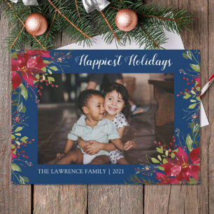 Family Photo Happiest Holidays Botanical Christmas Holiday Card